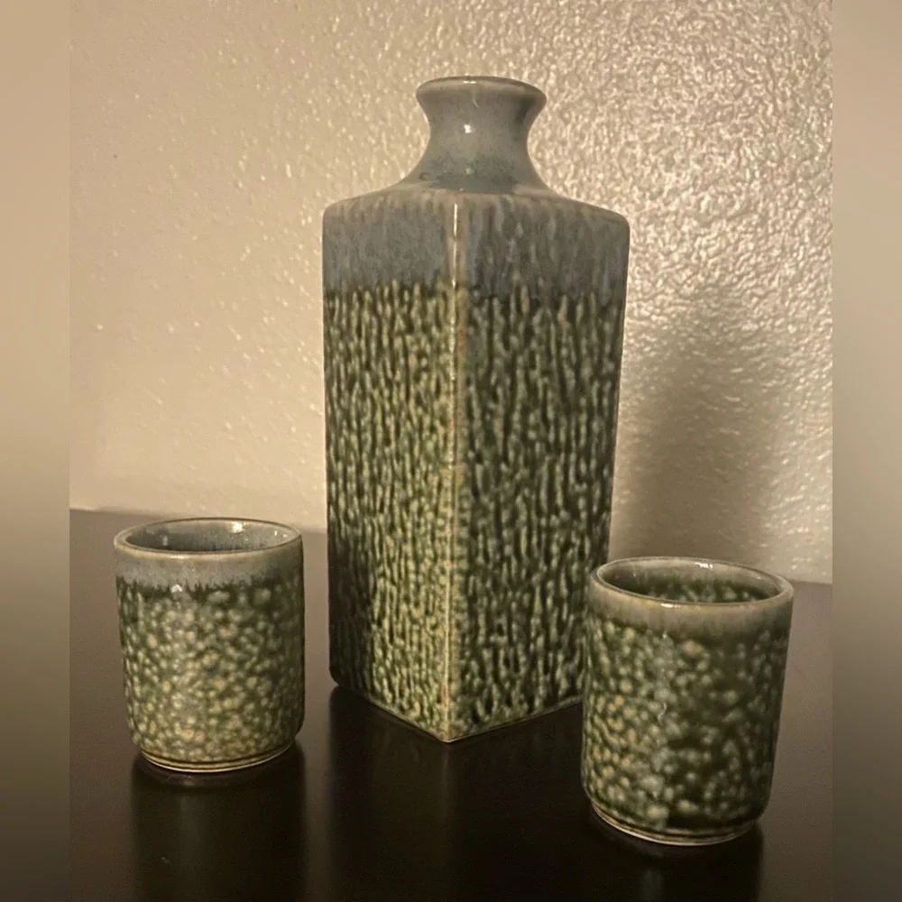 Vintage Japanese Stoneware Sake Set 3 Pc Green Glazed Decanter Cups Japan